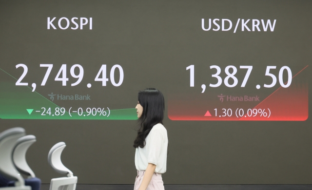 An electronic board showing the Korea Composite Stock Price Index at a dealing room of the Hana Bank headquarters in Seoul on Wednesday. (Yonhap)