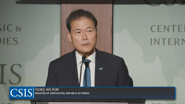 South Korea's Unification Minister Kim Yung-ho delivers his keynote speech at the 2024 International Dialogue on North Korean Human Rights, Tuesday in Washington, DC. The conference is co-hosted by the Center for Strategic and International Studies, the Ministry of Unification of the Republic of Korea, the National Endowment for Democracy, and Human Asia. (Screen capture from the CSIS YouTube channel)