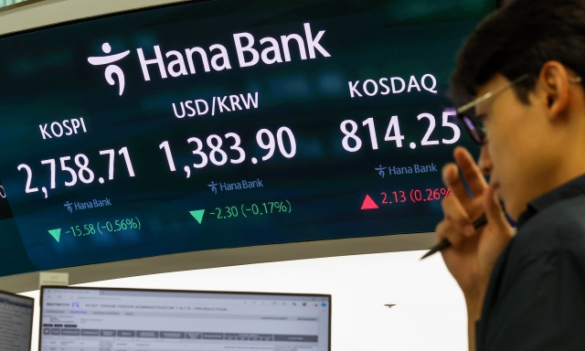 An electronic board showing the Korea Composite Stock Price Index at a dealing room of the Hana Bank headquarters in Seoul on Wednesday. (Yonhap)