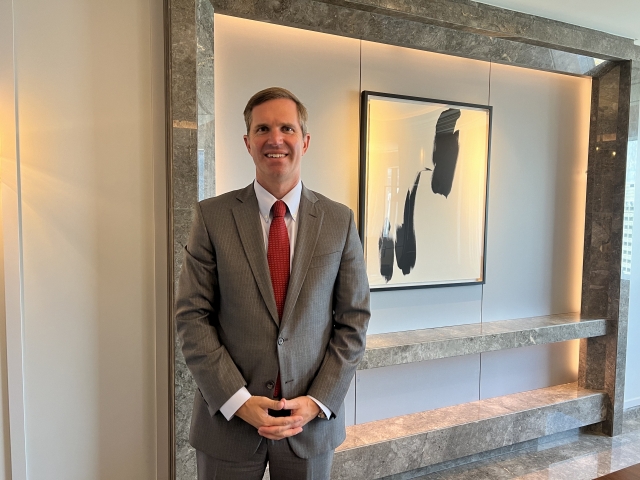 Kentucky Gov. Andy Beshear pose during an interview with The Korea Herald in Seoul on July 15. (Jo He-rim/The Korea Herald)