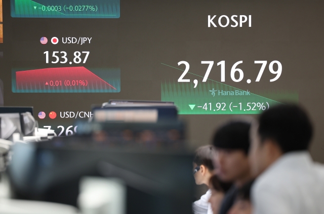 An electronic board showing the Korea Composite Stock Price Index at a dealing room of the Hana Bank headquarters in Seoul on Thursday. (Yonhap)