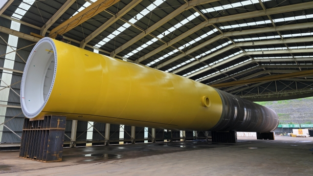 GS Entec's first 71.2 meter-long monopile for the Yeonggwang Nakwol Offshore Wind Power Project awaitsshipping at the company's plant in Ulsan. (GS Entec)