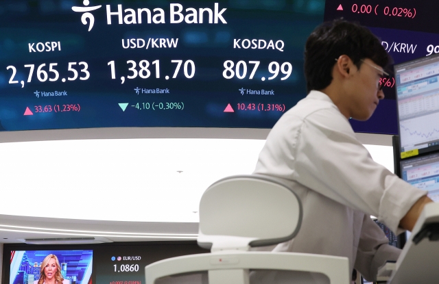 An electronic board showing the Korea Composite Stock Price Index at a dealing room of the Hana Bank headquarters in Seoul on Monday. (Yonhap)