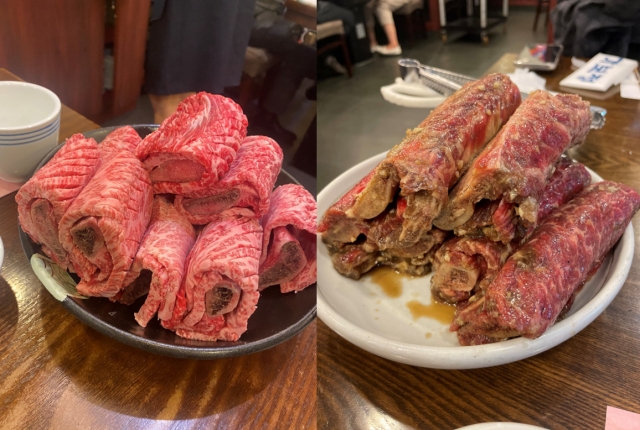 Korean galbi (left) and Korean marinated galbi (Kim Jae-heun/Korea Herald)