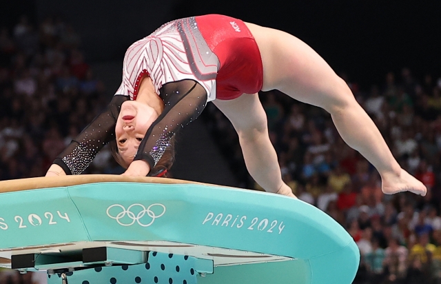 Yeo Seo-jeong of South Korea performs in the women's vault final in artistic gymnastics at the Paris Olympics at Bercy Arena in Paris on Saturday. (Yonhap)