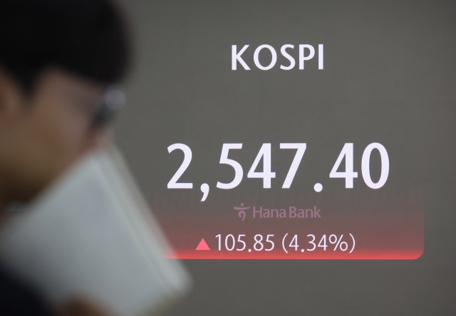 An electronic board showing the Korea Composite Stock Price Index at a dealing room of the Hana Bank headquarters in Seoul on Tuesday. (Yonhap)