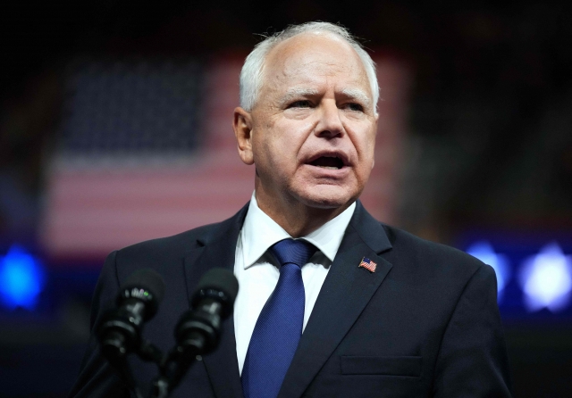 Democratic vice presidential candidate Minnesota Gov. Tim Walz speaks during a campaign rally with Democratic presidential candidate, US Vice President Kamala Harris at Girard College on Tuesday in Philadelphia, Pennsylvania. (AFP)