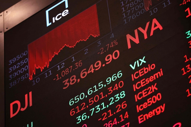 Stock market numbers are displayed on the floor of the New York Stock Exchange during afternoon trading in New York City on Monday. (AFP-Yonhap)