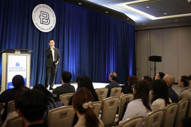 Hur Jin-soo, president of Paris Croissant, speaks at the 2024 Paris Baguette Franchise Convention held this week at Resorts World Las Vegas. (SPC Group)