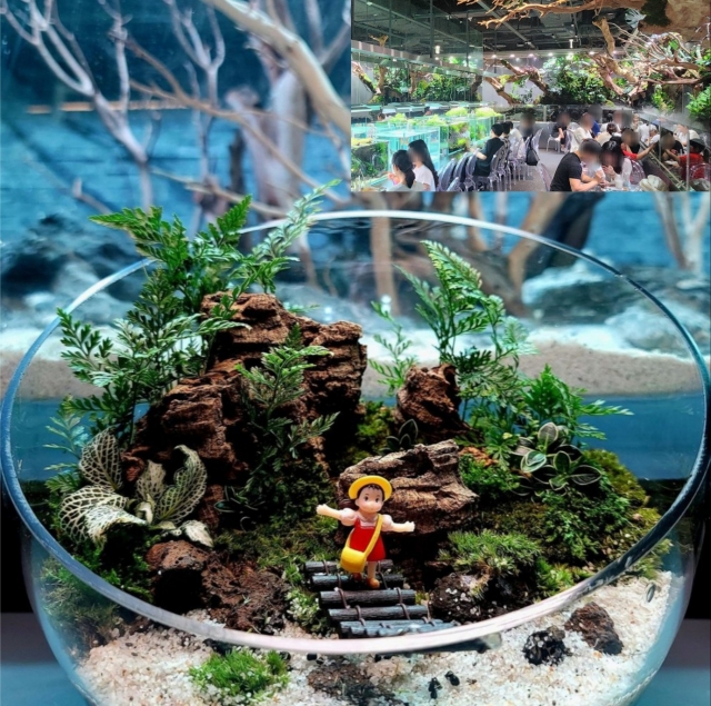 Center: A terrarium, a small glass enclosure for holding plants (Aquagarden)Top: Customers at Aquagarden in Seoul’s Lotte World Mall (Choi Si-young/The Korea Herald)