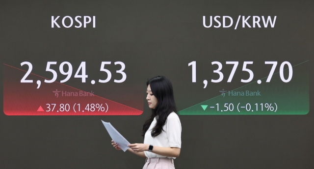 An electronic board showing the Korea Composite Stock Price Index at a dealing room of the Hana Bank headquarters in Seoul on Friday. (Yonhap)