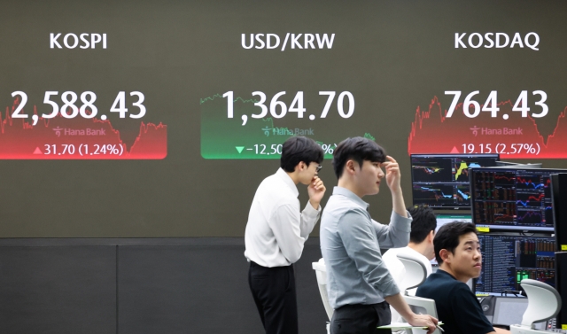 An electronic board showing the Korea Composite Stock Price Index at a dealing room of the Hana Bank headquarters in Seoul on Friday. (Yonhap)