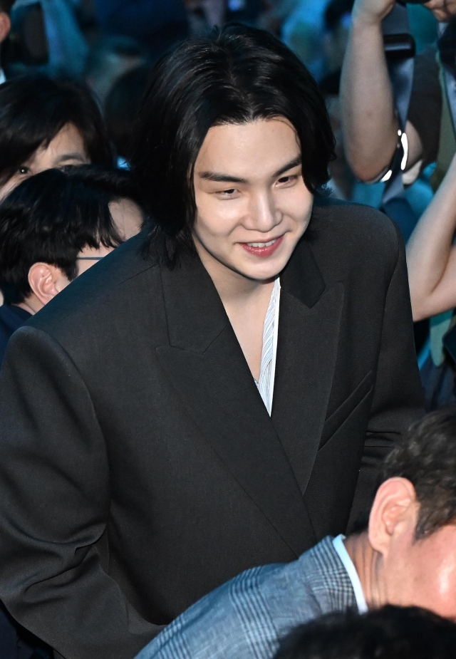 Suga of BTS attends the Galaxy Unpacked 2023 event held at Coex in Seoul, in July 2023. (Newsis)