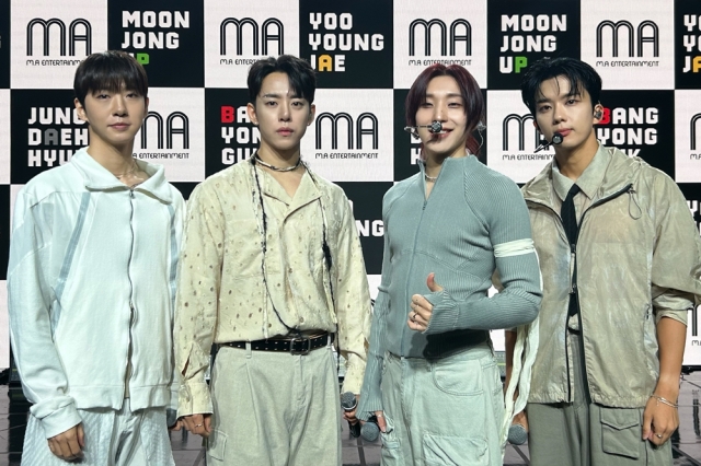 From left: Bang Yong-guk, Jung Daeh-hyun, Moon Jong-up, and Yoo Young-jae, members of the K-pop boy band B.A.P, pose during the press conference held in Seoul, Thursday. (MA Entertainment)