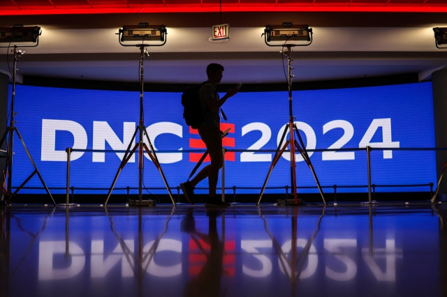 A man walks inside the United Center ahead of the Democratic National Convention in Chicago, Illinois on Saturday. (AFP)