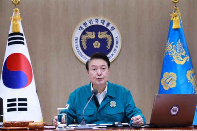 President Yoon Suk Yeol speaks during a Cabinet meeting at the presidential office in Seoul on Monday, on the first day of the Ulchi Freedom Exercise, an annual joint military exercise between South Korea and the United States. (Yonhap)