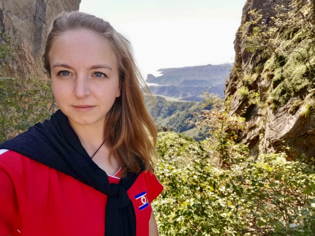 British traveler Zoe Stephens takes a selfie while hiking at Chilbosan in North Korea’s North Hamgyong Province in summer 2019. (Zoe Stephens)