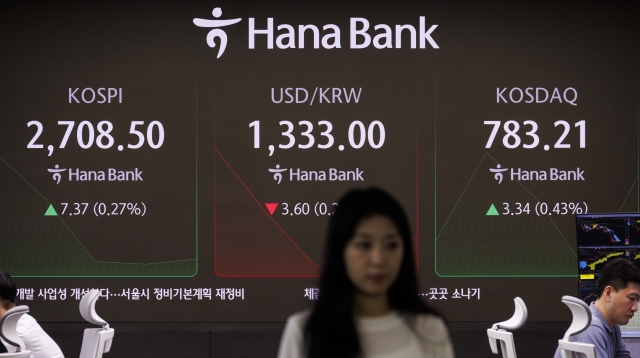 An electronic board showing the Korea Composite Stock Price Index at a dealing room of the Hana Bank headquarters in Seoul on Thursday. (Yonhap)