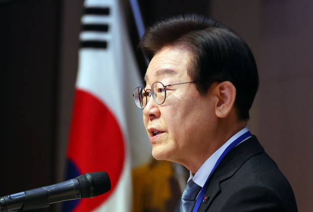 Democratic Party of Korea leader Rep. Lee Jae-myung on Wednesday speaks during a commemorative event marking one century since the birth of late former President Kim Dae-jung. (Yonhap)