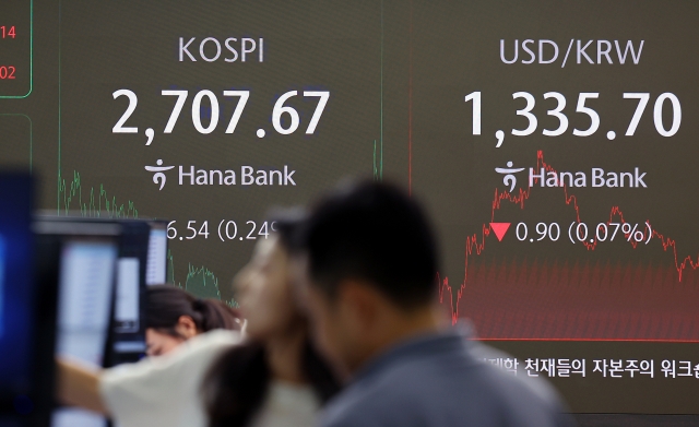 An electronic board showing the Korea Composite Stock Price Index at a dealing room of the Hana Bank headquarters in Seoul on Thursday. (Yonhap)