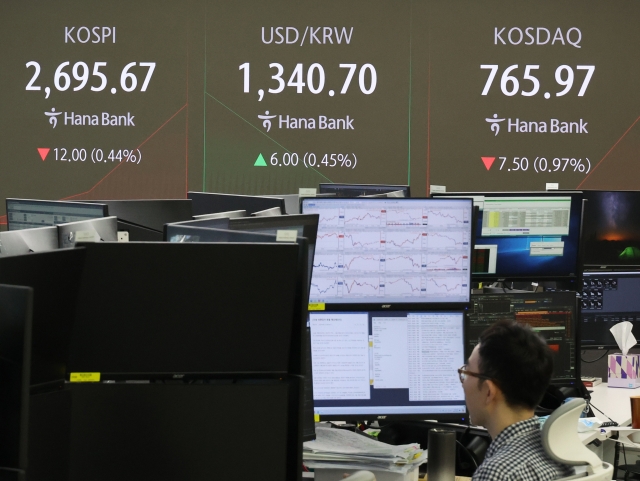 An electronic board showing the Korea Composite Stock Price Index at a dealing room of the Hana Bank headquarters in Seoul on Friday. (Yonhap)