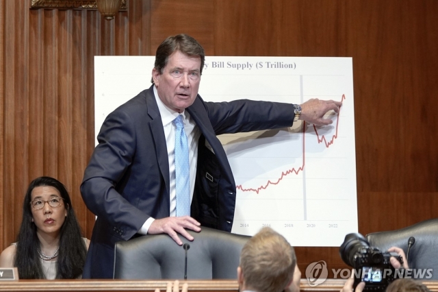 This photo, released by the Associated Press, shows Sen. Bill Hagerty asking a question during a Senate Appropriations Subcommittee on Financial Services and General Government hearing on Capitol Hill in Washington on June 4. (Yonhap)