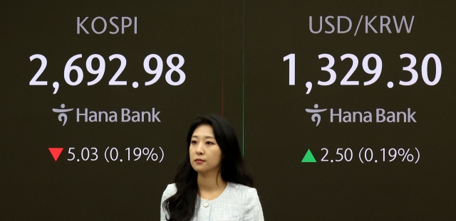 An electronic board showing the Korea Composite Stock Price Index at a dealing room of the Hana Bank headquarters in Seoul on . (Yonhap)[Kospi]