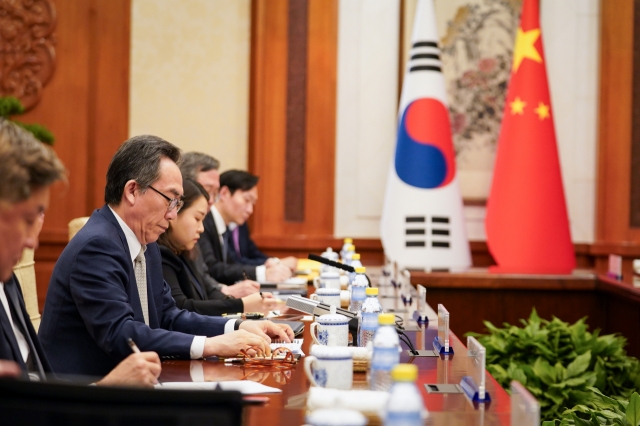 South Korea's Foreign Ministry Cho Tae-yul attends his first meeting with Chinese Foreign Minister Wang Yi on May 13 in Beijing. (South Korea's Ministry of Foreign Affairs)