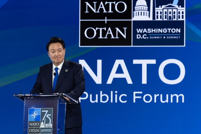 President Yoon Suk Yeol smiles following his speech at the NATO Public Forum in Washington on July 11. (Pool photo via Newsis)