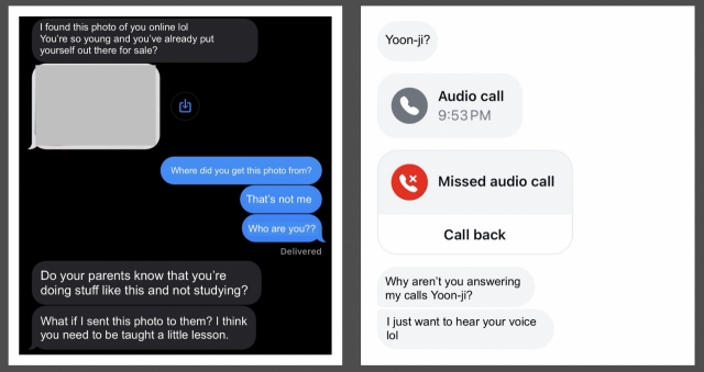 The following photos are screenshots of text messages between Song and her perpetrators. The name in the screenshot is an alias and the text messages have been altered and translated into English by the interviewee’s request. (Courtesy of Song)