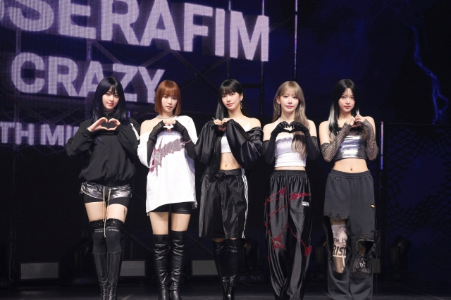 Le Sserafim poses during a media showcase for their 4th mini-album 