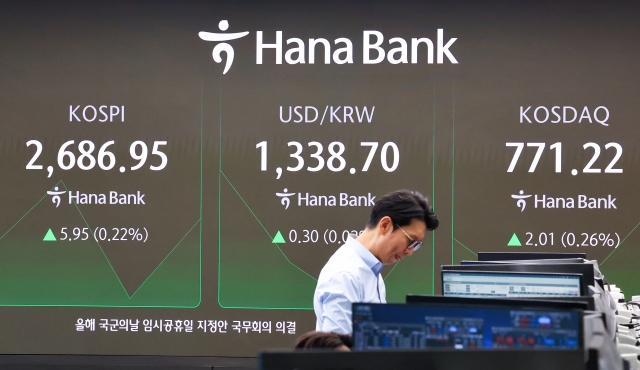 An electronic board showing the Korea Composite Stock Price Index at a dealing room of the Hana Bank headquarters in Seoul on Tuesday. (Yonhap)