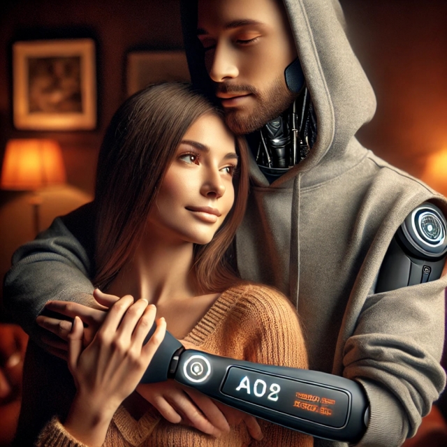 A woman and her AI virtual boyfriend hug each other in this image created by generative AI Dall-E (Dall-E)