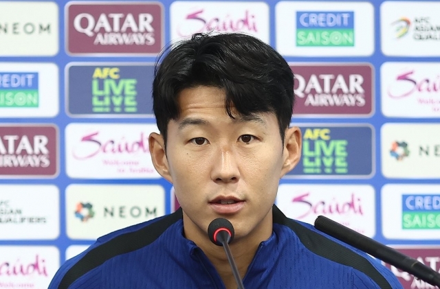 Son Heung-min, captain of the South Korean men's national football team, speaks at a press conference at Seoul World Cup Stadium in Seoul on Sept. 4, 2024, the eve of the team's World Cup qualifier against Palestine. (Yonhap)