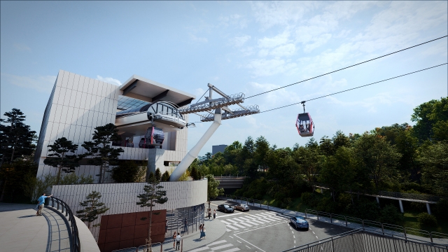 This rendered image shows gondola lifts operating its 832-meter-long route from Myeongdong Station to Namsan Yejang Park located on top of Namsan. (Seoul Metropolitan Government)