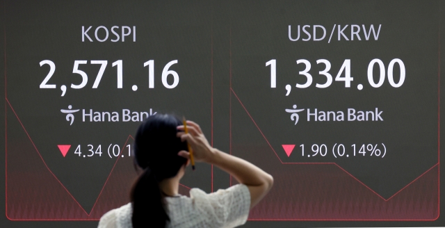 An electronic board showing the Korea Composite Stock Price Index at a dealing room of the Hana Bank headquarters in Seoul on Friday. (Yonhap)