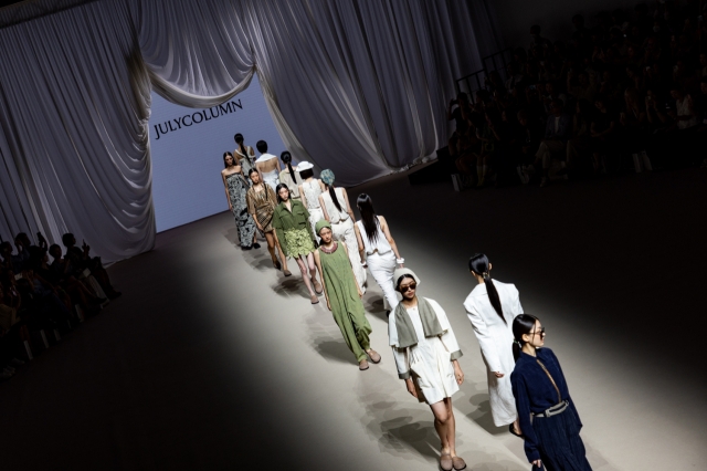 Models wear creations for Julycolumn as part of the spring-summer 2025 Seoul Fashion Week at Dongdaemun Design Plaza in Seoul on Wednesday. (Seoul City)