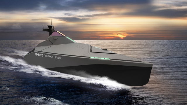 An uncrewed surface vehicle, dubbed Tenebris, co-developed by HD Hyundai and Palantir Technologies (HD Hyundai)