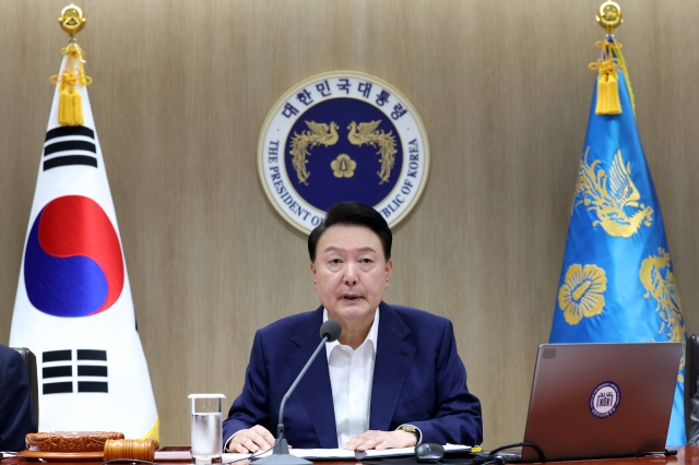 President Yoon Suk Yeol speaks during a Cabinet meeting held at the presidential office in Seoul on Tuesday.