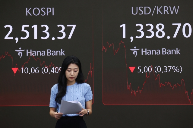 An electronic board showing the Korea Composite Stock Price Index at a dealing room of the Hana Bank headquarters in Seoul on Wednesday. (Yonhap)