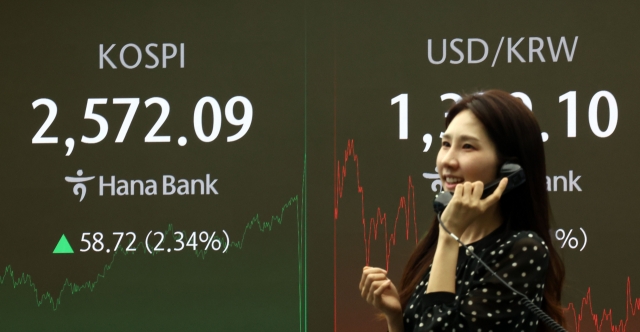 An electronic board showing the Korea Composite Stock Price Index at a dealing room of the Hana Bank headquarters in Seoul on Thursday. (Yonhap)