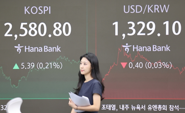 An electronic board showing the Korea Composite Stock Price Index at a dealing room of the Hana Bank headquarters in Seoul on Thursday. (Yonhap)