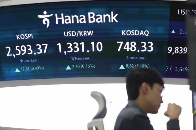 An electronic board showing the Korea Composite Stock Price Index at a dealing room of the Hana Bank headquarters in Seoul on Friday. (Yonhap)