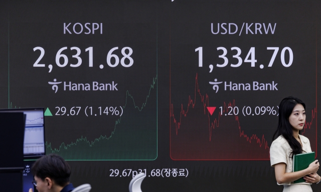 An electronic board showing the Korea Composite Stock Price Index at a dealing room of the Hana Bank headquarters in Seoul on Tuesday. (Yonhap)