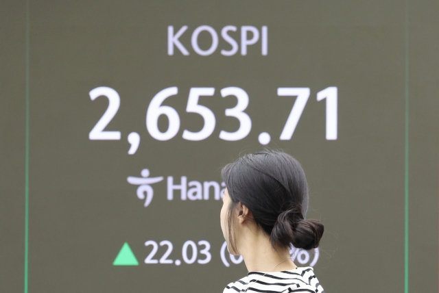 A screen in the dealing room of Hana Bank in Seoul shows the benchmark Kospi climbing 0.80 percent during an early morning session on Wednesday. (Yonhap)