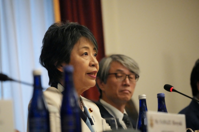 Japanese Foreign Minister Yoko Kamikawa speaks during a meeting with U.S. Secretary of State Antony Blinken and Republic of Korea Foreign Minister Cho Tae-yul in New York City on Monday. (Pool Photo via Reuters)