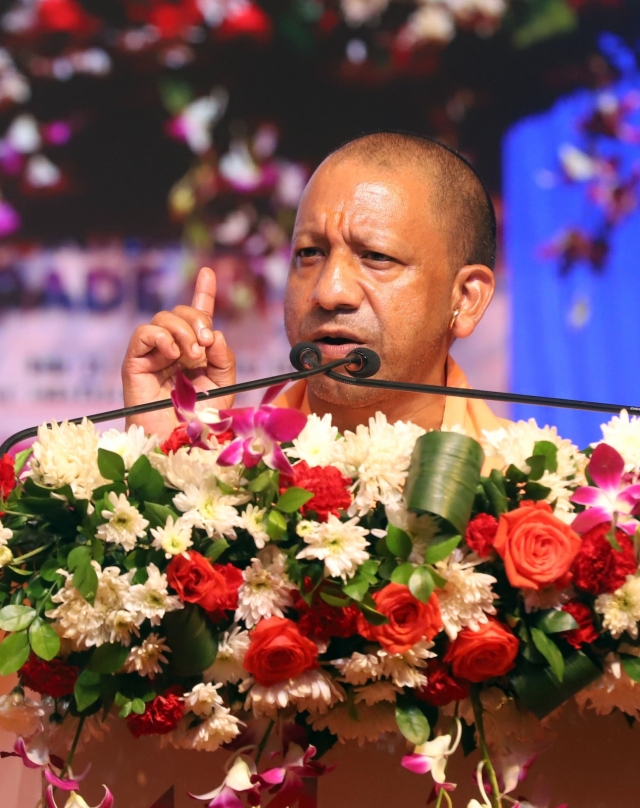 India's Uttar Pradesh Chief Minister Yogi Adityanath speaks at the inaugural session of Uttar Pradesh International Trade Show (UPITS) 2024 at Gautam Buddha Nagar, Uttar Pradesh on September 25. (Invest UP)