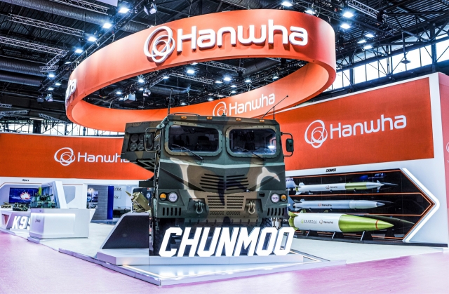 Hanwha Aerospace's multiple rocket launch system Chunmoo is displayed at the Eurosatory defense show in Paris in June. (Hanwha Aerospace)