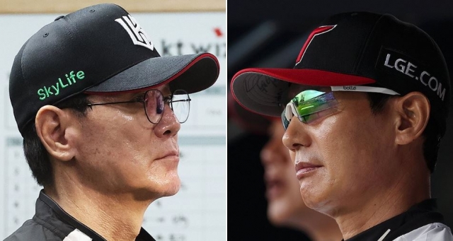 This composite of file photos show KT Wiz manager Lee Kang-chul (L) and LG Twins manager Youm Kyoung-youb. Their two clubs will meet in the first round of the Korea Baseball Organization postseason at Jamsil Baseball Stadium in Seoul beginning Oct. 5, 2024. (Yonhap)