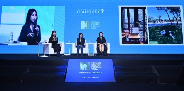 From left, visual artists Kim Ha-na, Koo Ji-min and Hong In-hye attend a special session during the Herald Design Forum 2024 held in Seoul on Tuesday. (Im Se-jun/The Korea Herald)